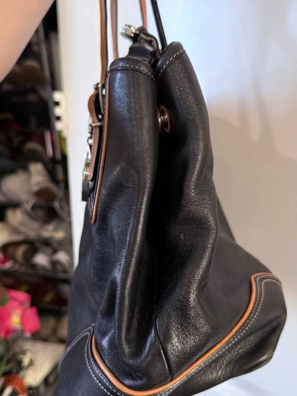 Black and Tan Leather Tote Bag with Contrast Trim